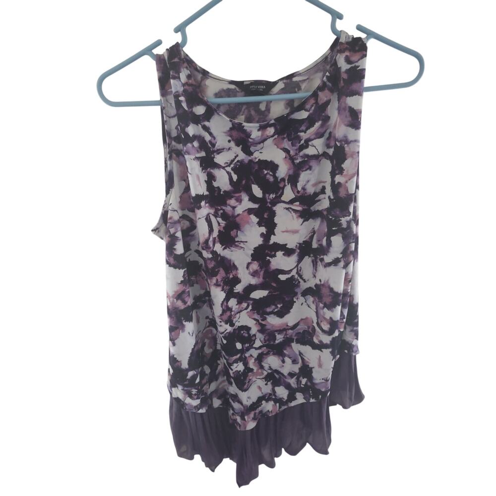 Simply Vera Asymmetrical Ruffle Top Purple‎ Watercolor Pattern L Boho Y2K Style
